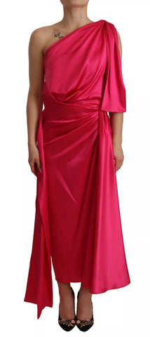 Dolce & Gabbana Silk Pink Fitted Cut One Shoulder Midi Dress
