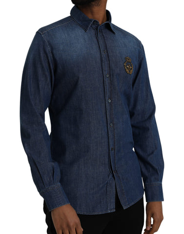 Dolce & Gabbana Blue Crown Bee Cotton Denim GOLD Shirt