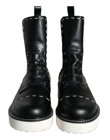 Dolce & Gabbana Black Leather Combat Mid Calf Boots Shoes