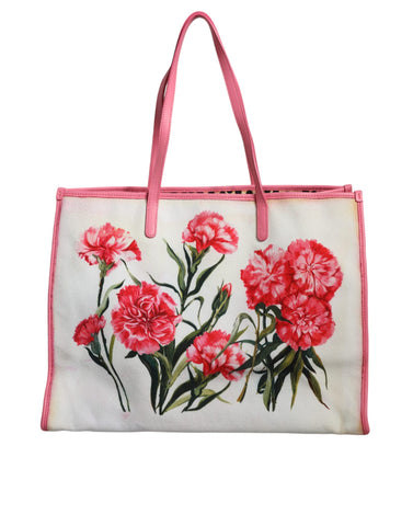 Dolce & Gabbana White Canvas Rose Embroidery Women Shopping Tote Bag
