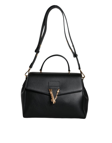 Versace Black Top Handle Grainy Calfskin Leather Crossbody Bag