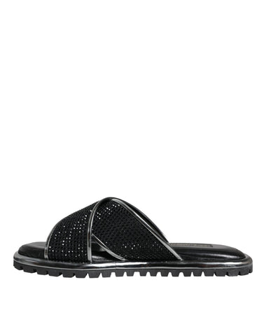 Dolce & Gabbana Black Strass Criss-Cross Slide Sandals Shoes