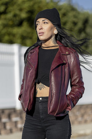 Harper Womens Moto Leather Jacket (Oxblood)