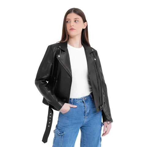 Adeline Women's Double Asymmetrical Zipper Leather Jacket
