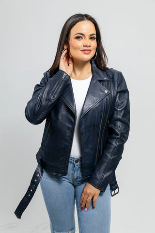 Chloe womens Fashion Leather Jacket Navy Blue