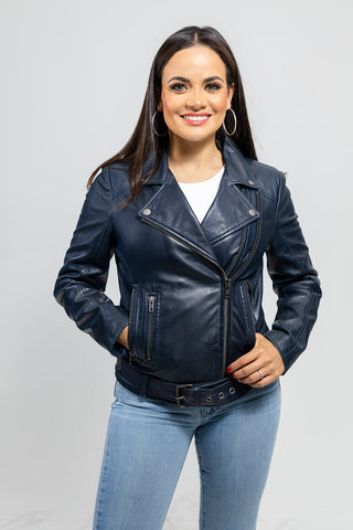 Chloe womens Fashion Leather Jacket Navy Blue